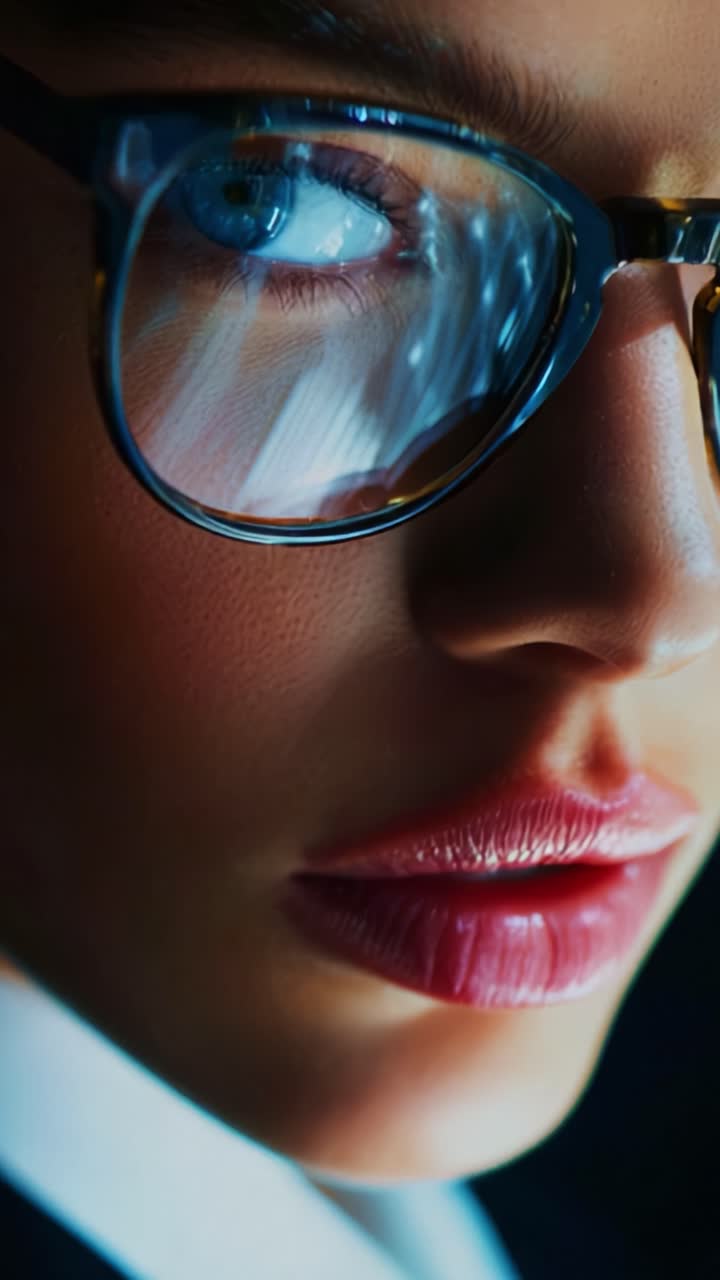 Primo piano di una giovane donna con occhi azzurri mozzafiato che indossa occhiali, che mostra la sua espressione sicura e la pelle perfetta in un ambiente con illuminazione drammatica