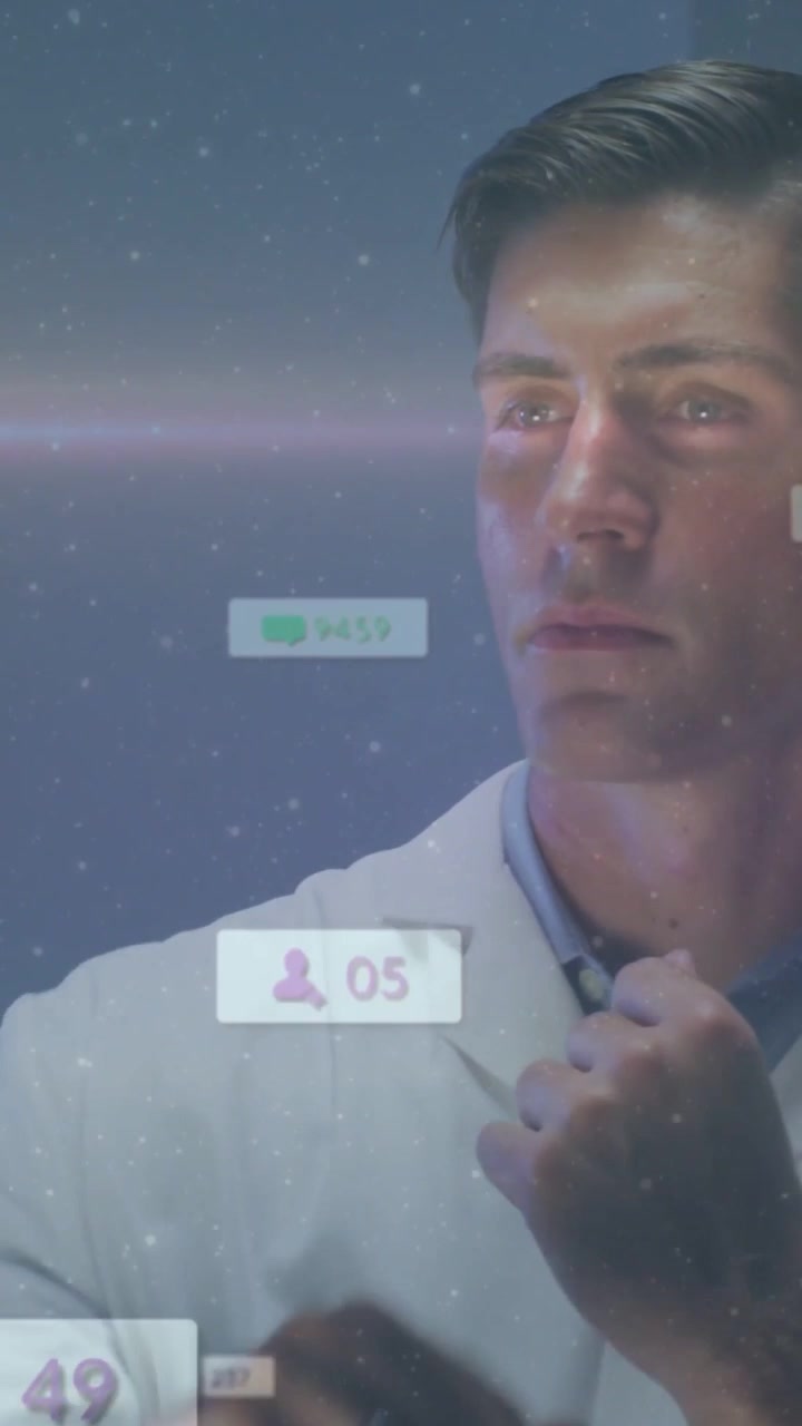 Video verticale: Uomo in camice da laboratorio che osserva ologrammi medici, scorrendo per controllare i contatori sul badge.