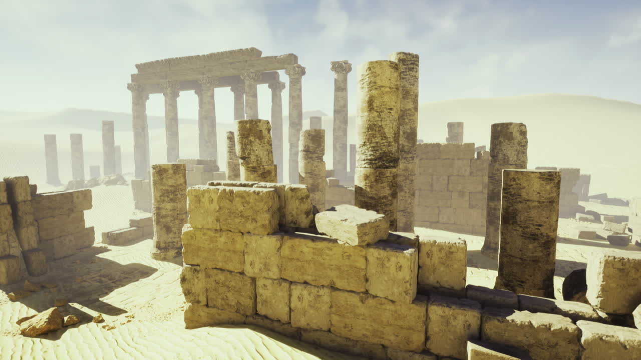 은 하늘 아래 사막의 풍경에 있는 고대 사원의 폐허