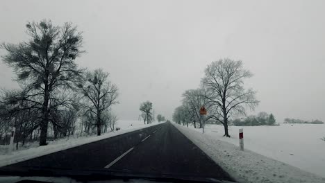 pov vehicle drive countryside wet road winter scenery snow forest bare trees dirty window gopro point of view car travel cloudy sky
