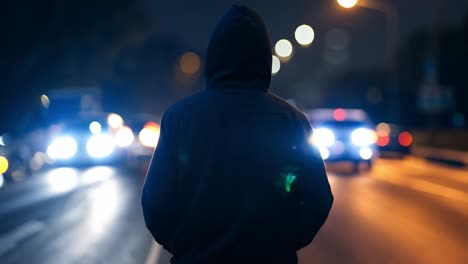 a man in a hoodie stands on a street at night.