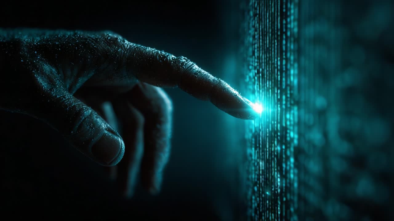 A futuristic hand reaching toward a luminous digital interface, representing the intricate connection between humanity and technology in a world of data