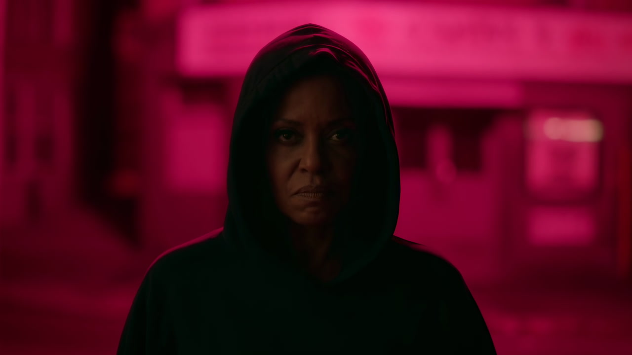 Black Woman In Hoodie Neon Alley, Stoic Stare, Magenta Lighting, Urban Night Setting, Cinematic Portrait