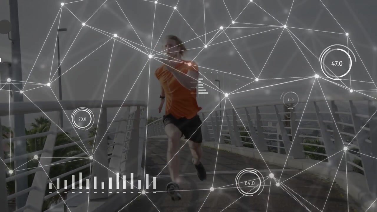 Male runner starting run from bridge, checking device for training, tech HUD overlay intensifying