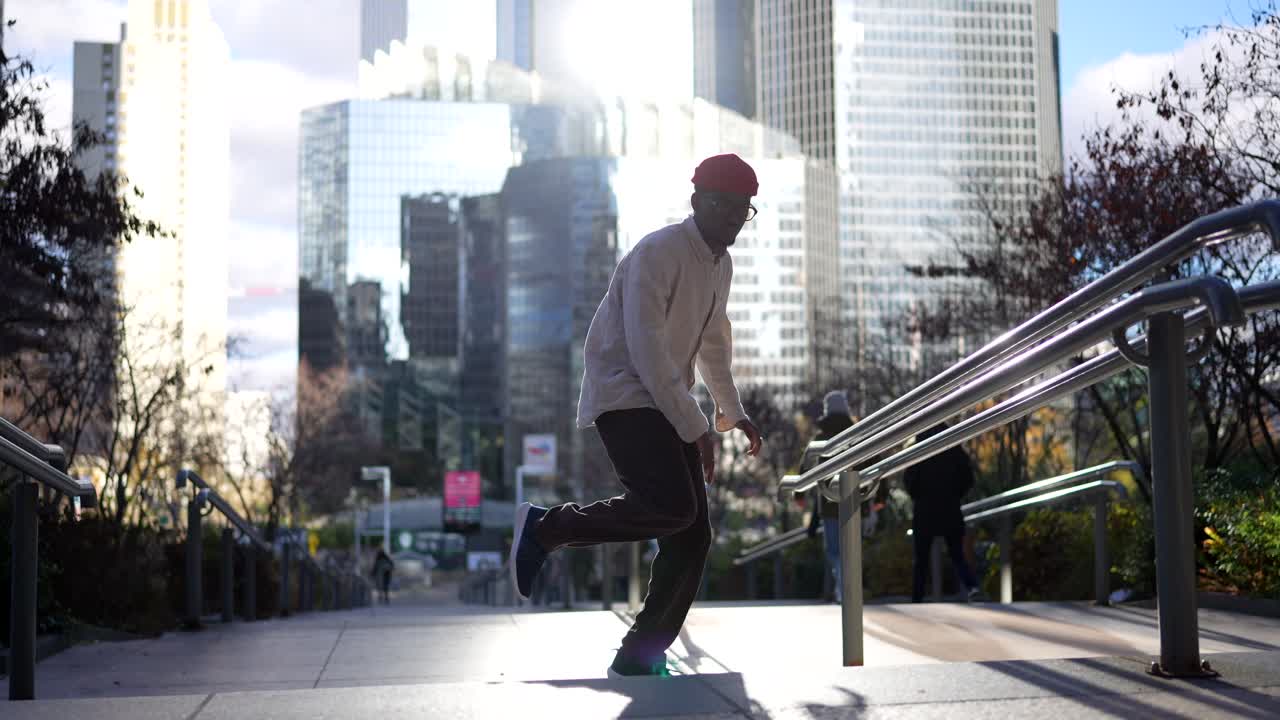 Mann mit roter Mütze steht auf einer urbanen Treppe