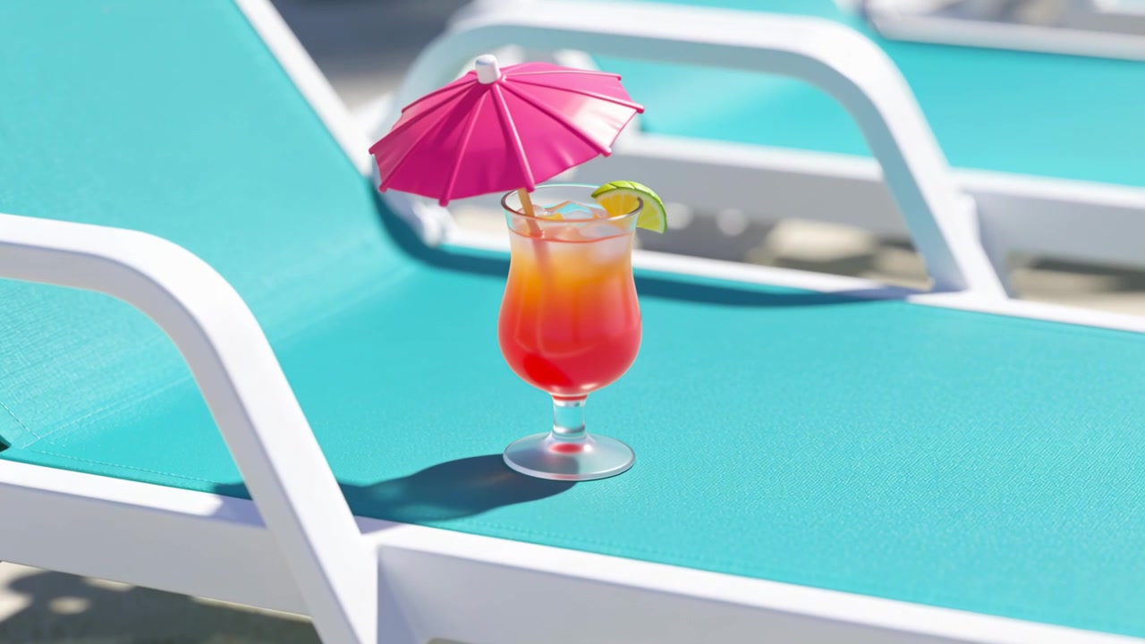 Panning camera tightening frame around stemmed glass on turquoise lounger, showing umbrella, lime