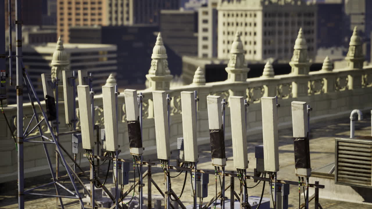 Rooftop utility equipment with city buildings in the background during daylight