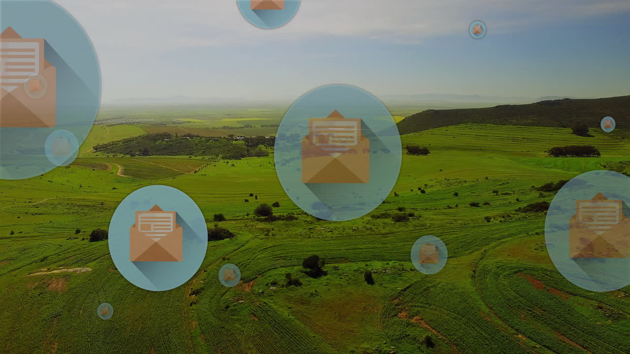 풍경 위에 enevlope 아이콘과 함께 원의 애니메이션