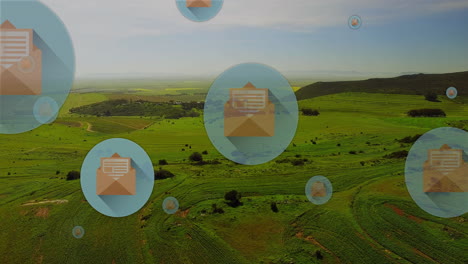 animación de círculos con iconos de envoltura sobre el paisaje