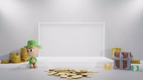 3d-rendering-animation-of-product-empty-copy-space-with-light-set-up-and-gold-money-coin-coffer-and-gnome,-concept-of-e-commerce-product-sales-online-shop-white-background