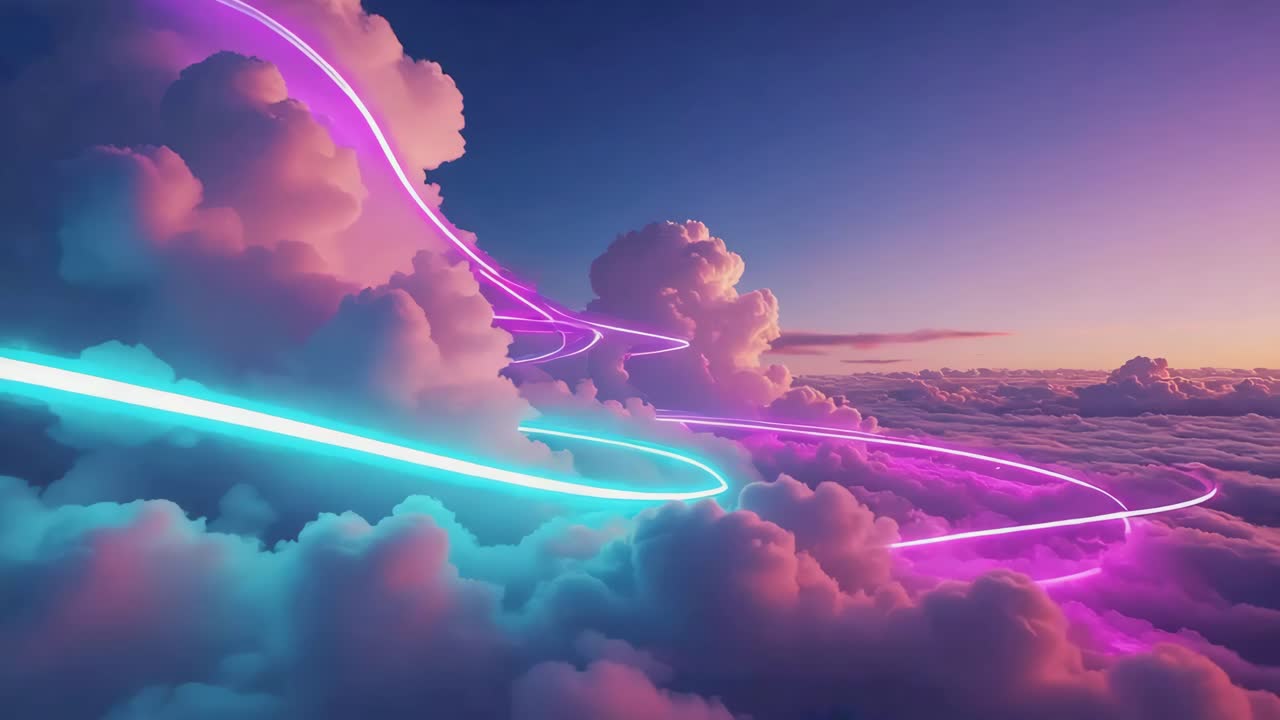 Ethereal Cloudscape with Glowing Neon Light Trails