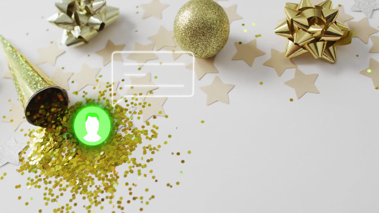 Gold stars and glitter with chat icon animation on festive background