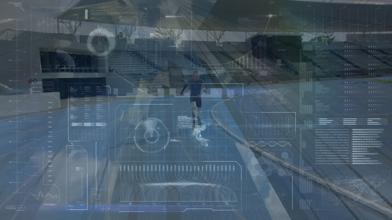 Animation of interface with data processing over man with prosthetic legs running on sports field