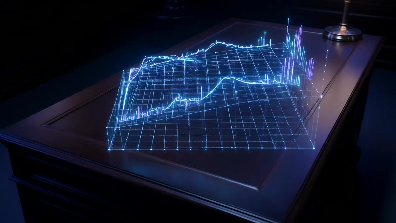 Forming faint blue wireframe, holographic 3D data rising above wooden desk, showing changing values