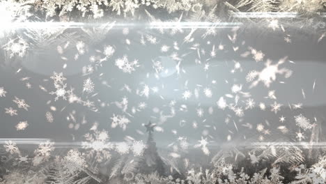 animación de la nieve de navidad cayendo sobre las decoraciones de navidad sobre un fondo gris