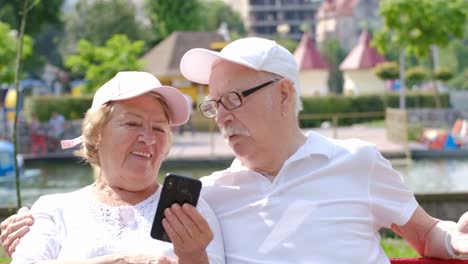 Elderly Couple Using a Smartphone in a Park