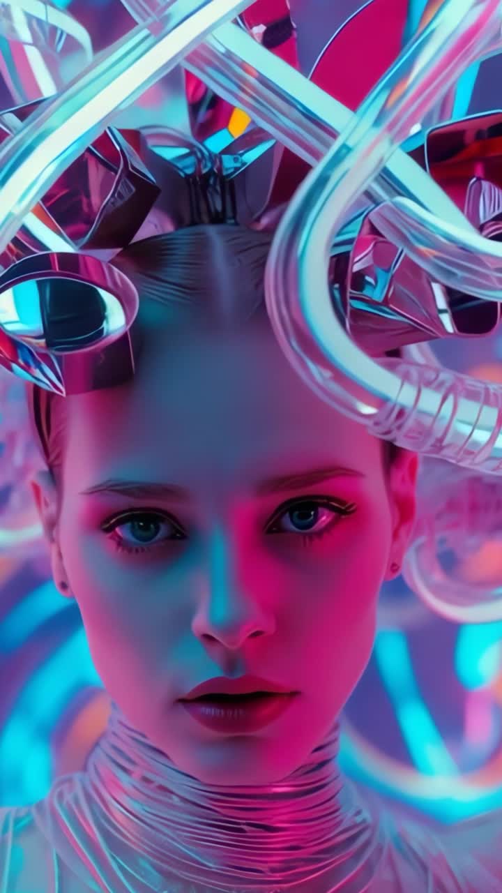 Vertical video: Opening close-up model wearing metallic headdress in studio, rotating neon tubes