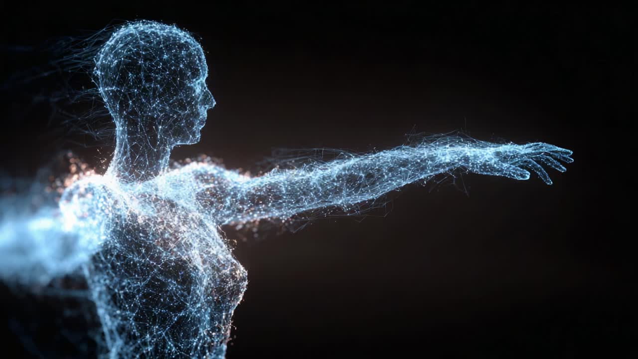 Digital Representation of a Human Figure: A Stunning Visualization of a Glowing, Wireframe Human Form in a Dynamic Pose, Highlighting Art and Technology Integration