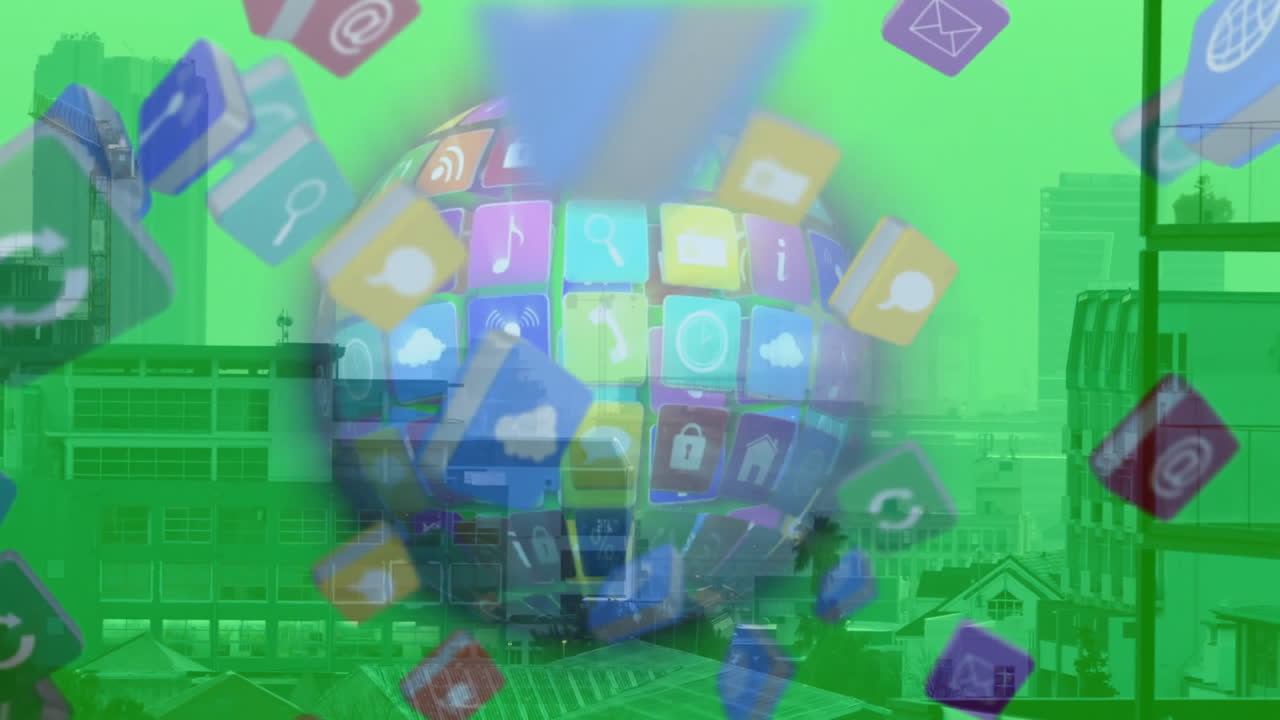 Digital globe floating above green urban skyline, blending colorful app icon cubes in flat design