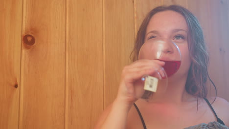 close up of girl raising glass in toast while sipping red juice in wood paneled interior, soft backlight creating warm haze over wet hair and relaxed smile