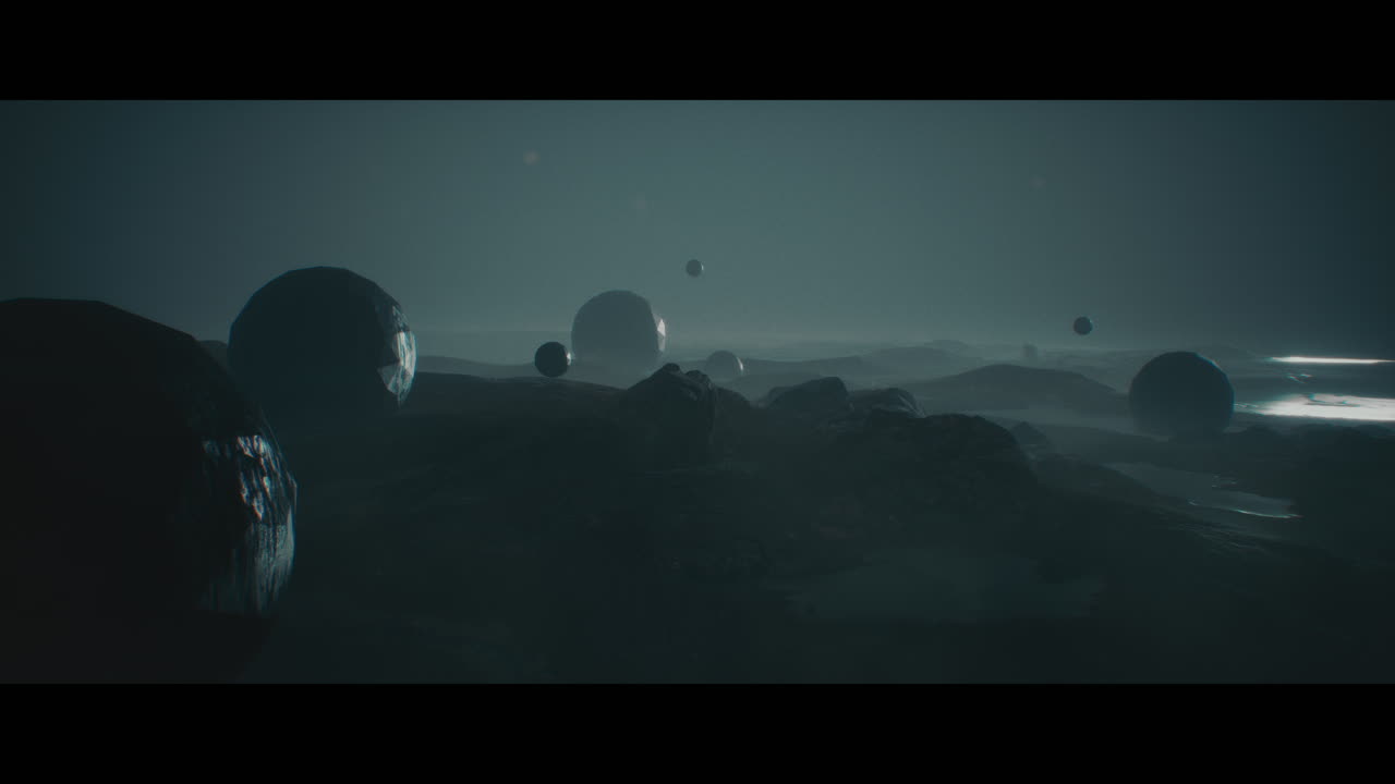 Alien planet desert landscape at night with strange sphere-shaped buildings