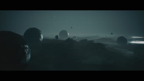 alien planet desert landscape at night with strange sphere-shaped buildings