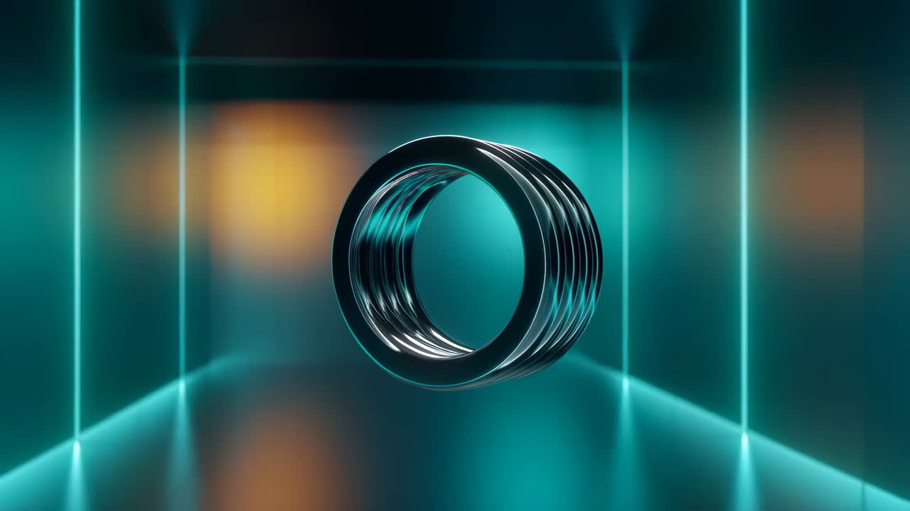 Futuristic Metallic Rings in Neon Light Tunnel