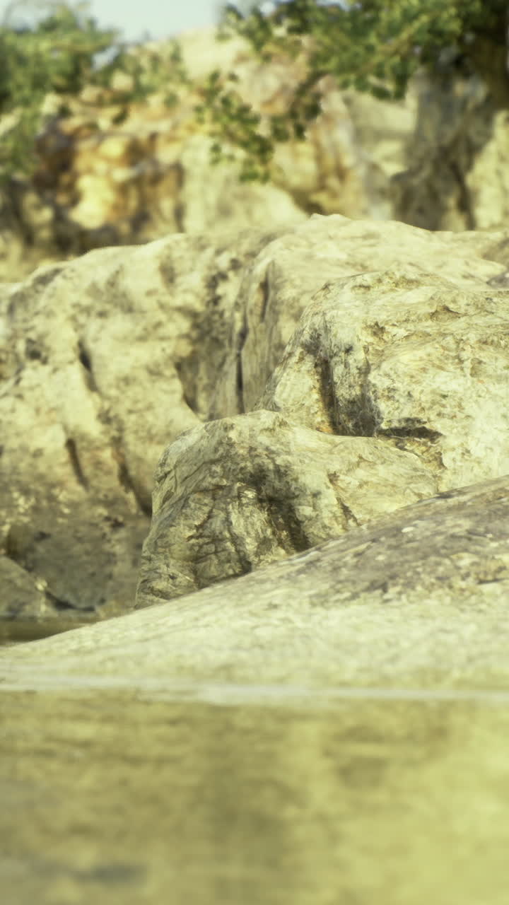 Water gently flows over rocks in a natural setting during daylight hours