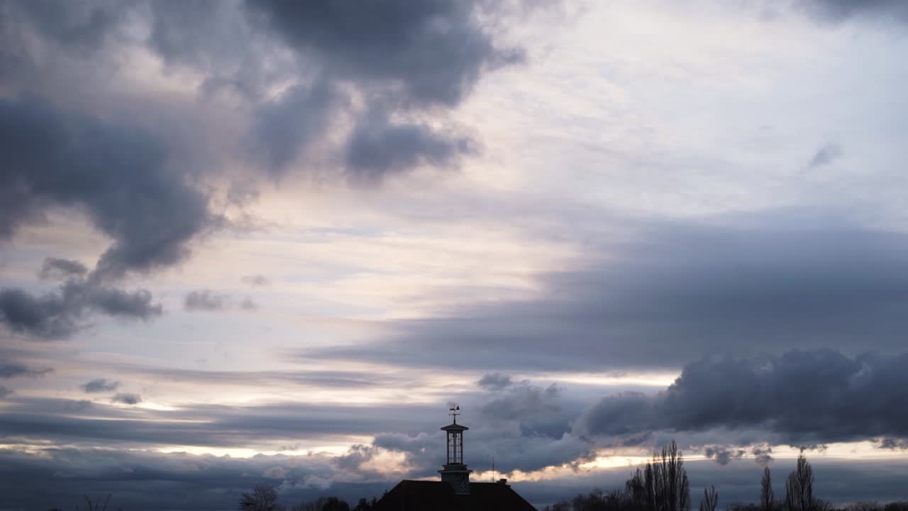 stratocumulus grey cloud forming at evening sunset sky time lapse