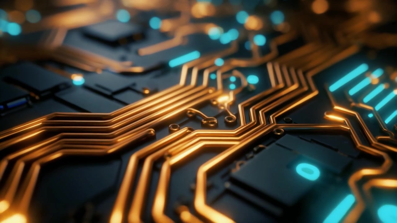 Close-up of Glowing Electronic Circuit Board with Data Flow