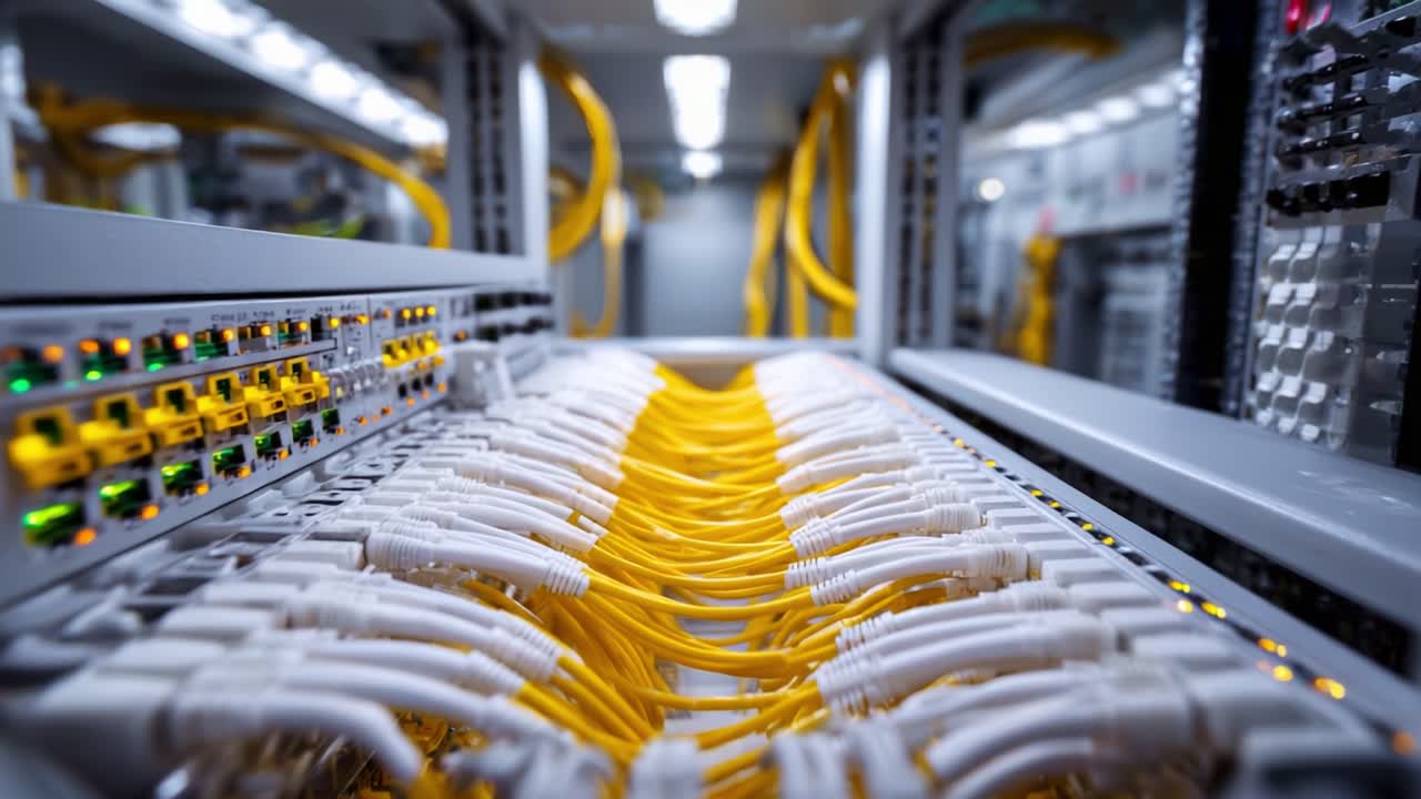 A close-up view of neatly arranged yellow Ethernet cables connected in a data center, showcasing structured cabling management and advanced networking equipment
