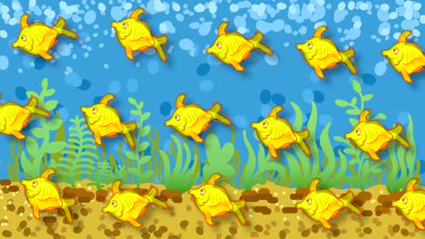 the drawn fish swim in a wave-like curving flock horizontally