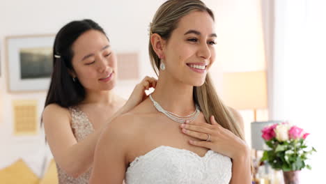 wedding, friends and bride with necklace jewelry