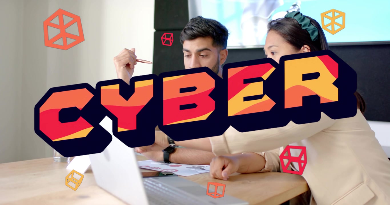 Woman pointing at laptop, man with pen, CYBER overlay appearing, revealing papers for IT review