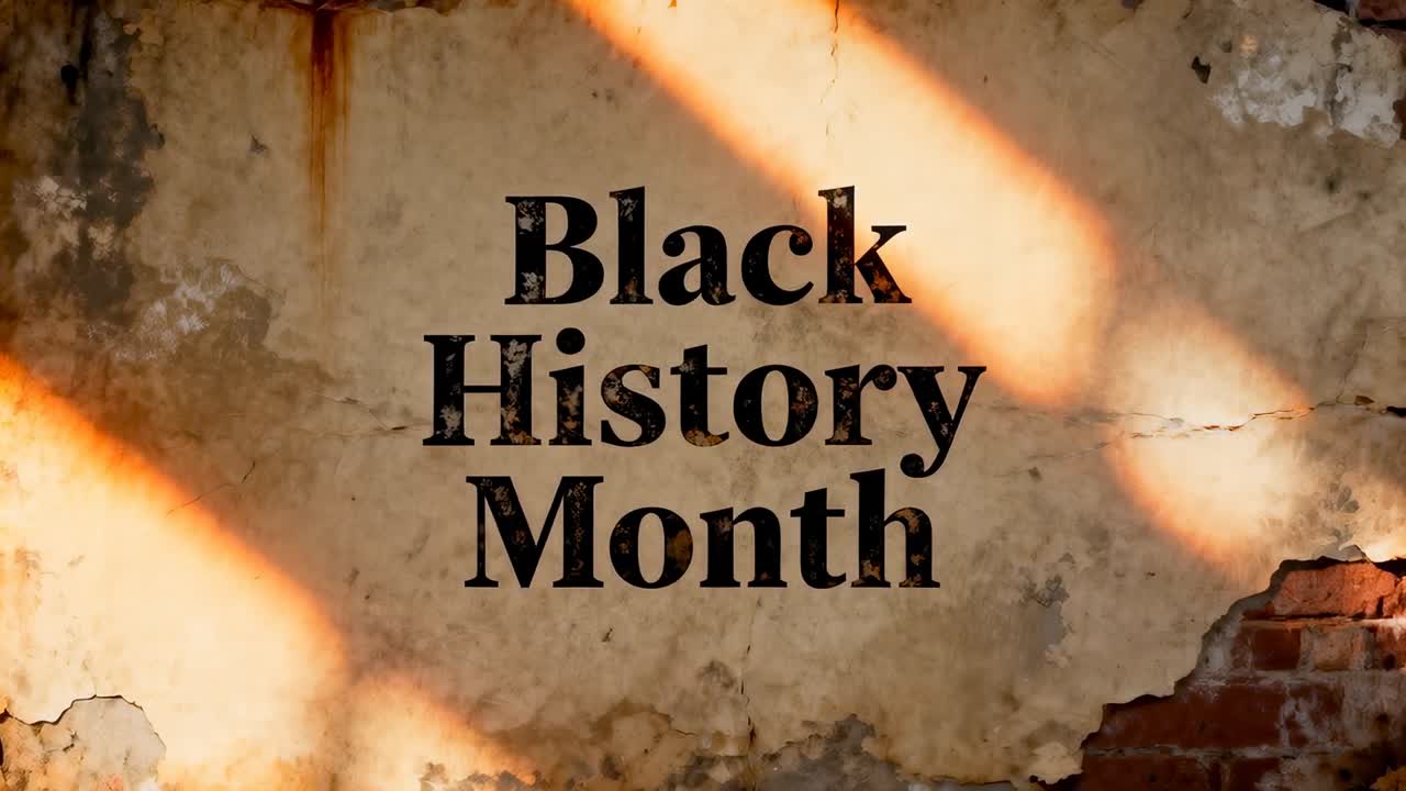Warmes Sonnenlicht, das durch eine Öffnung über die Außenwand strömt und den Text zum Black History Month beleuchtet