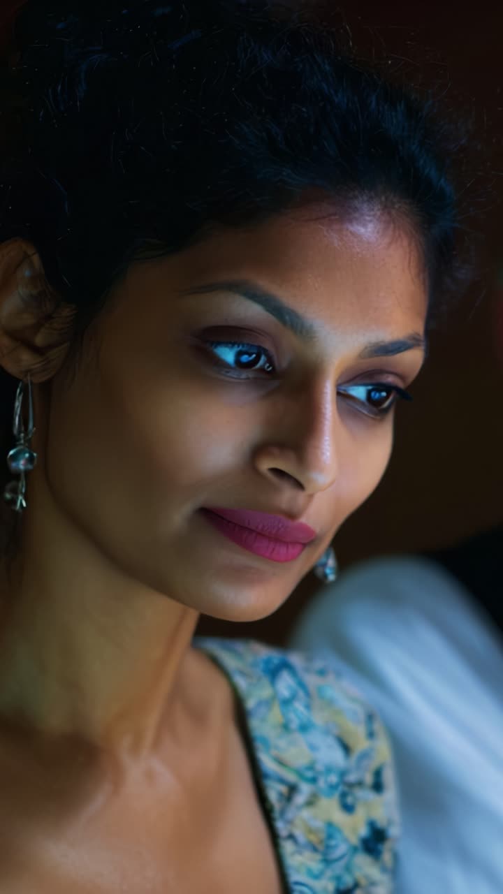 Captivating Portrait of a Thoughtful Woman with Striking Features and Elegant Attire, Emphasizing Depth and Emotion in a Softly Lit Setting