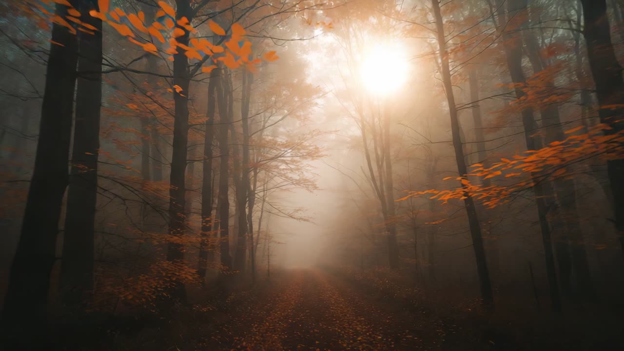 Gliding camera capturing forest path in morning fog after sunrise, with orange leaves and sunbeams
