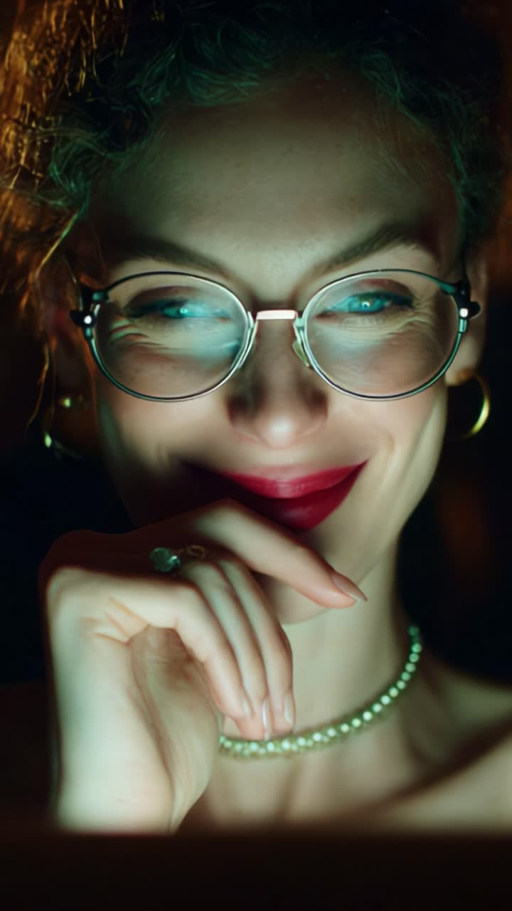 Eine selbstbewusste Frau mit Brille lächelt geheimnisvoll, während sie nachts in Gedanken versunken ist, beleuchtet von einem sanften Schein, der eine fesselnde Atmosphäre schafft