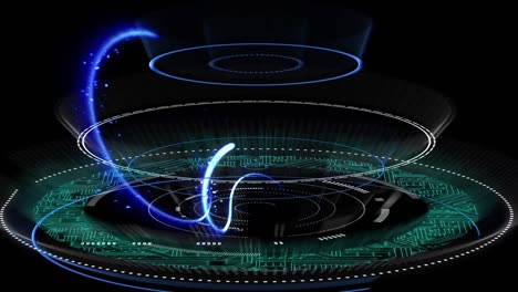Animation-of-processing-circle-with-integrated-circuit-over-black-background-with-spiral-lights