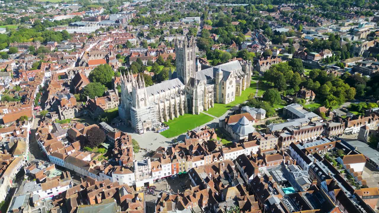 Beautiful panoramic aerial movement about the medieval Canterbury cathedral, Kent, England.