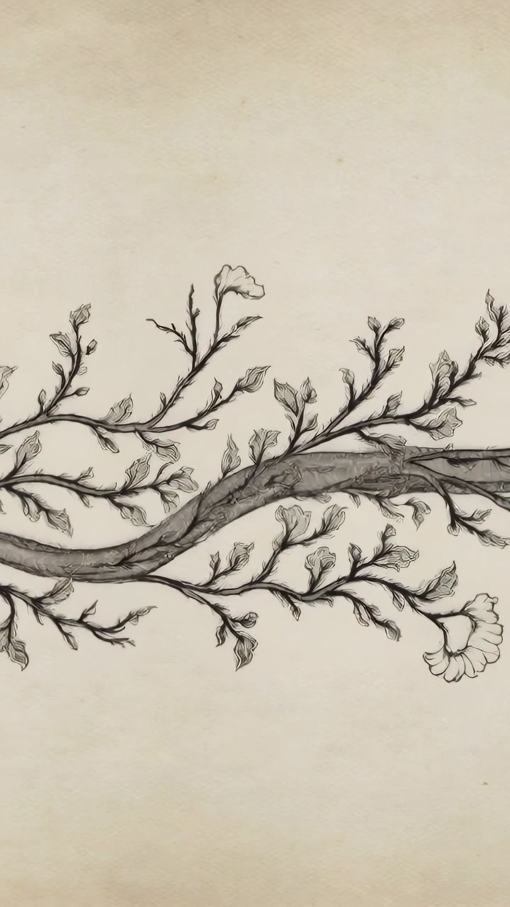 Vertical video: Ink forming winding branch with twigs and buds on paper from right twig for study