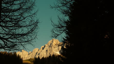 mountain peaks framed by trees