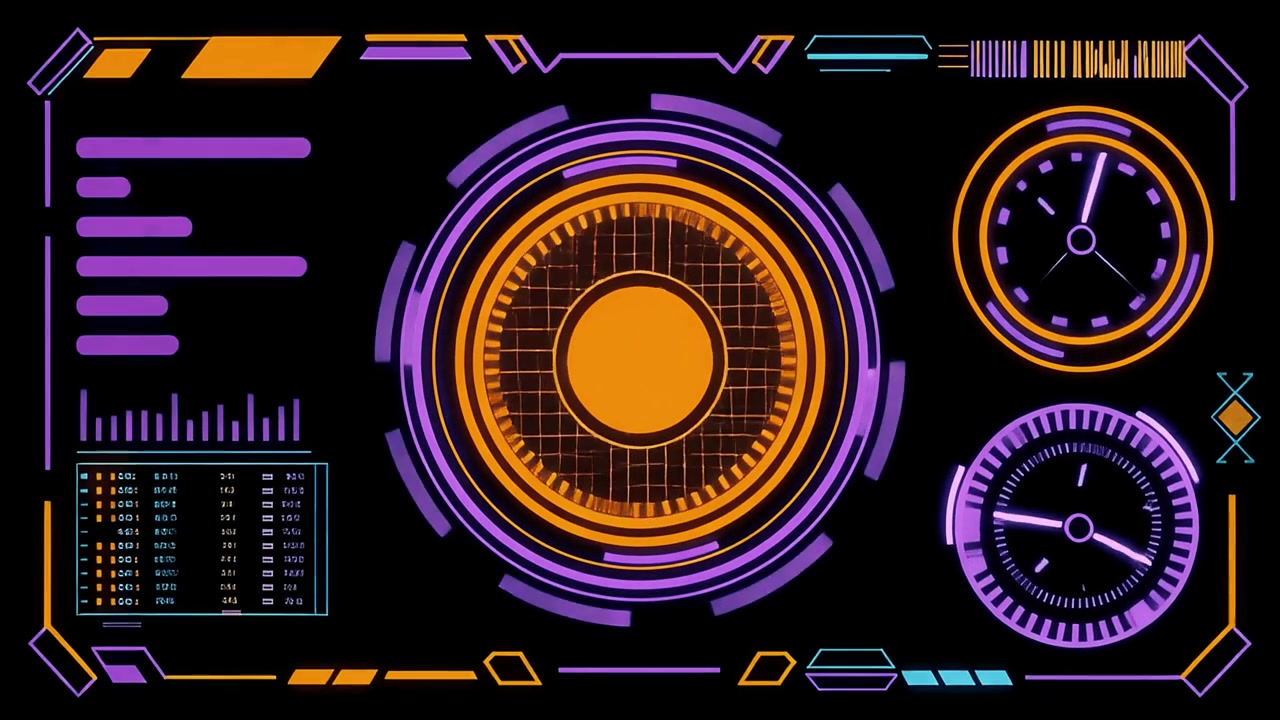 Animated Futuristic HUD Interface with Data and Clock Dials