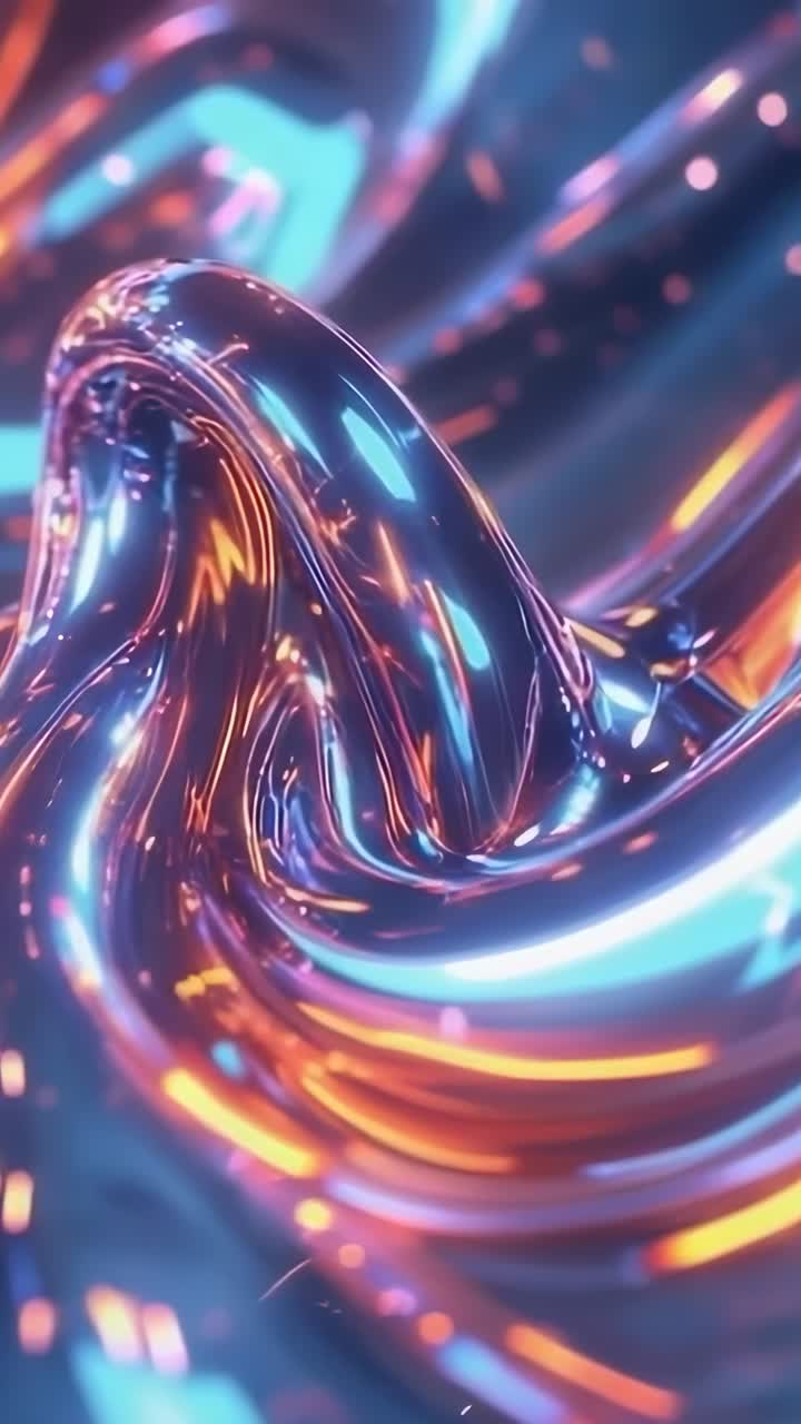 Vertical video: Liquid-metal swirl pulsing morphing in abstract space with neon blue orange lights