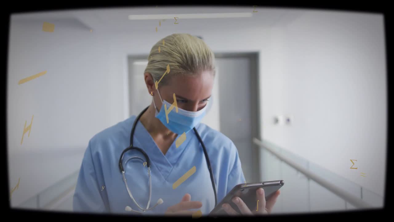 Infermiera che tocca il tablet nel corridoio, controllando una cartella, alzando lo sguardo mentre sovrapposizioni dorate scorrono su di lei.