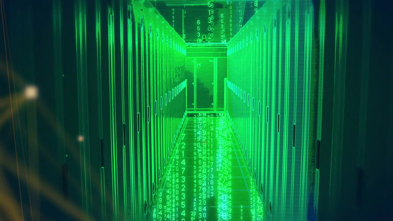 Rack aisle showing numeric code starting and receding while golden overlay mapping technology data