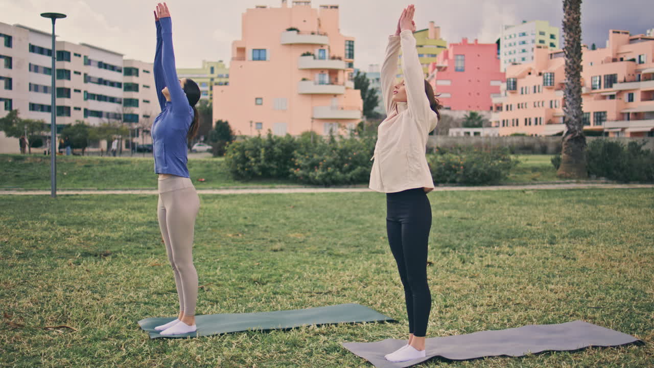damas serenas practicando yoga en la naturaleza sombría. niñas rutina de gimnasia matutina