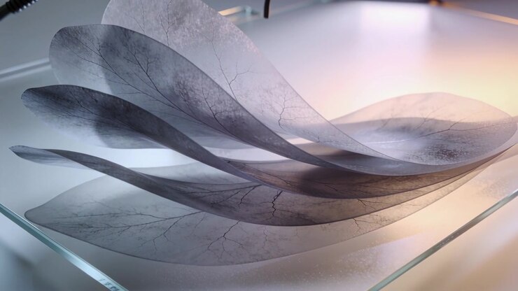 Frames advancing causing sheer leaflike sheets lifting and curling on glass plate, showing veins