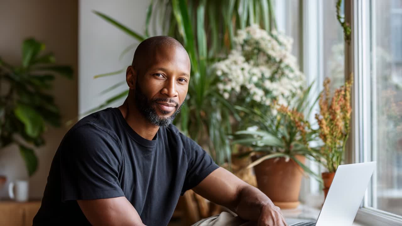 A confident man sitting by a bright window adorned with plants, engaged with his laptop. His warm smile and relaxed posture convey a welcoming and productive atmosphere, embodying modern lifestyle and technology