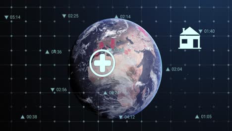 Animation-of-multiple-digital-icons-floating-over-globe-against-blue-background